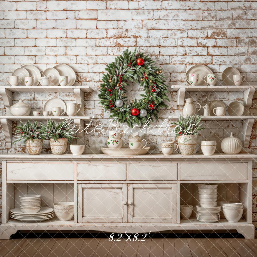 Kerst White Cabinet Brick Wall Wreath Foto Achtergrond Designed by Emetselch