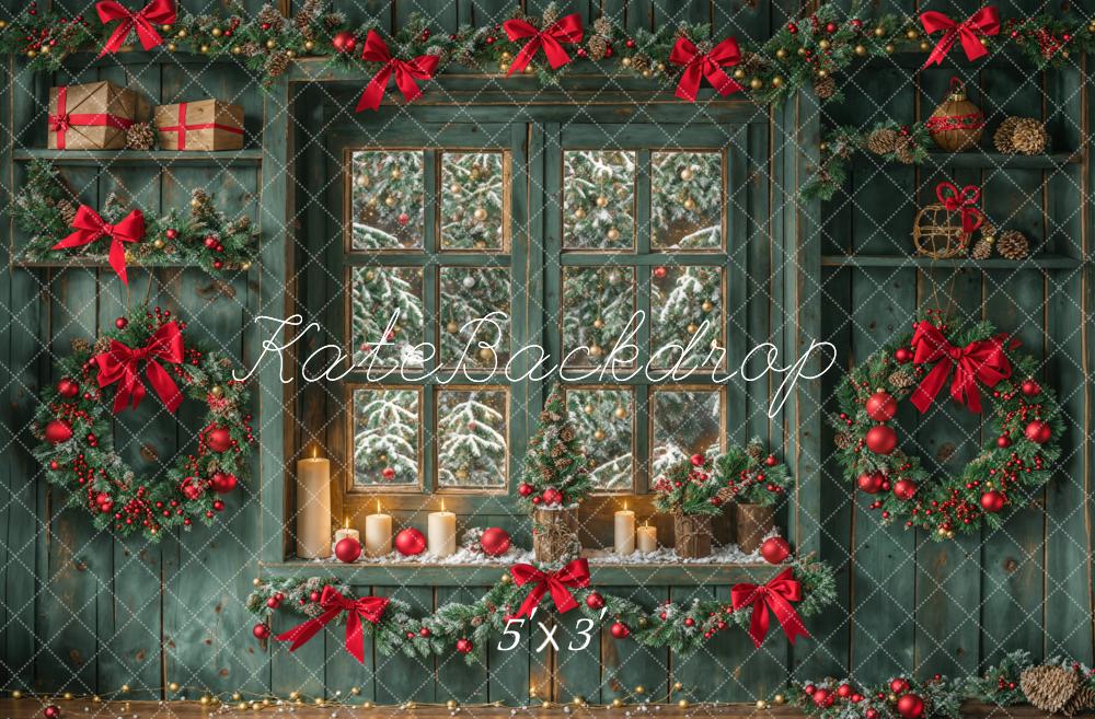 Kate Christmas Green Retro Wood Wall Window Backdrop Designed by Emetselch