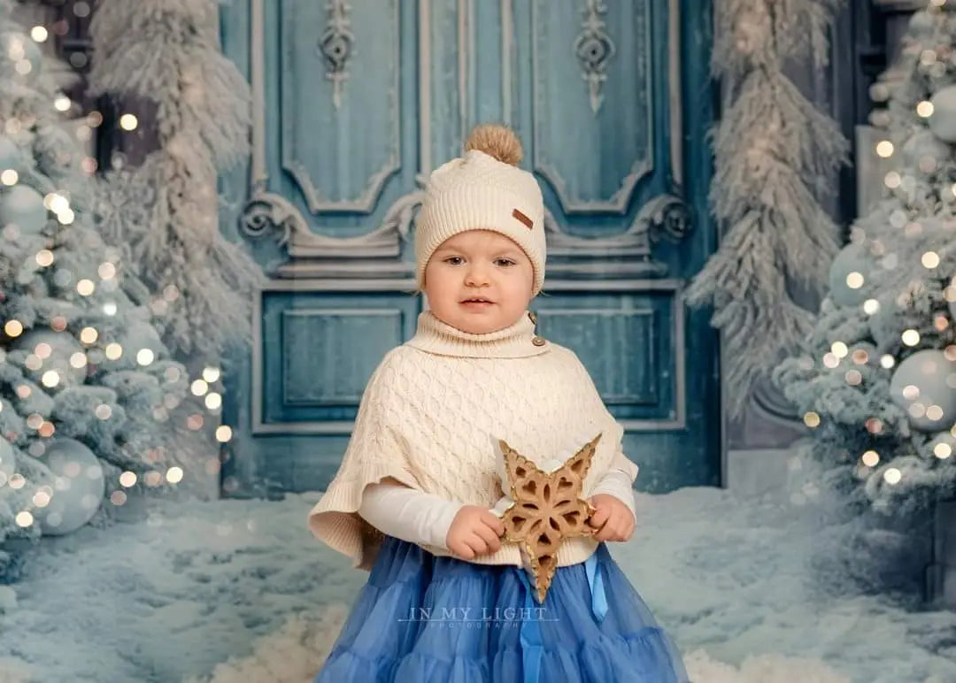 Kate Christmas Winter Frosted World Tree Blue Door Backdrop for Photography