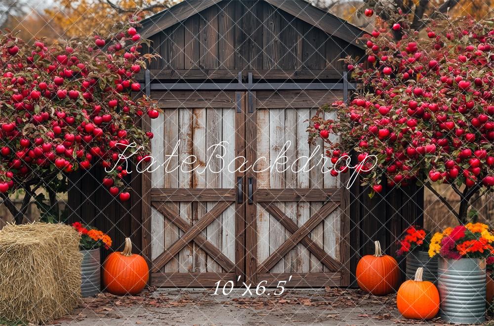 Kate Fall Pumpkin Apple Barn With Wooden Door Backdrop Designed by Mini MakeBelieve