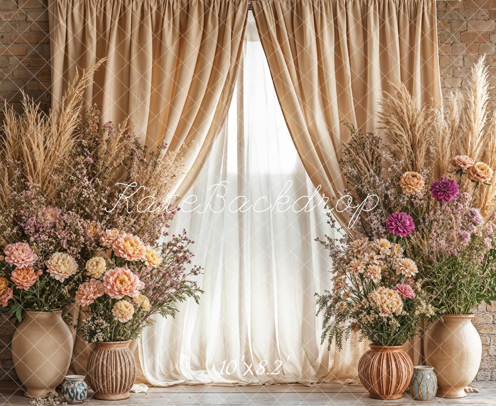 Kate Boho Floral Beige Curtain Vase Backdrop Designed by Emetselch