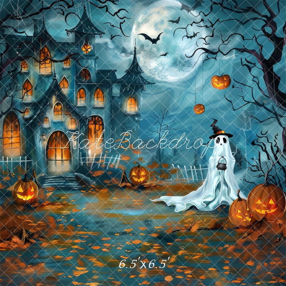 Halloween Cartoon Ghost Pumpkin Kasteel Foto Achtergrond Designed by Lidia Redekopp