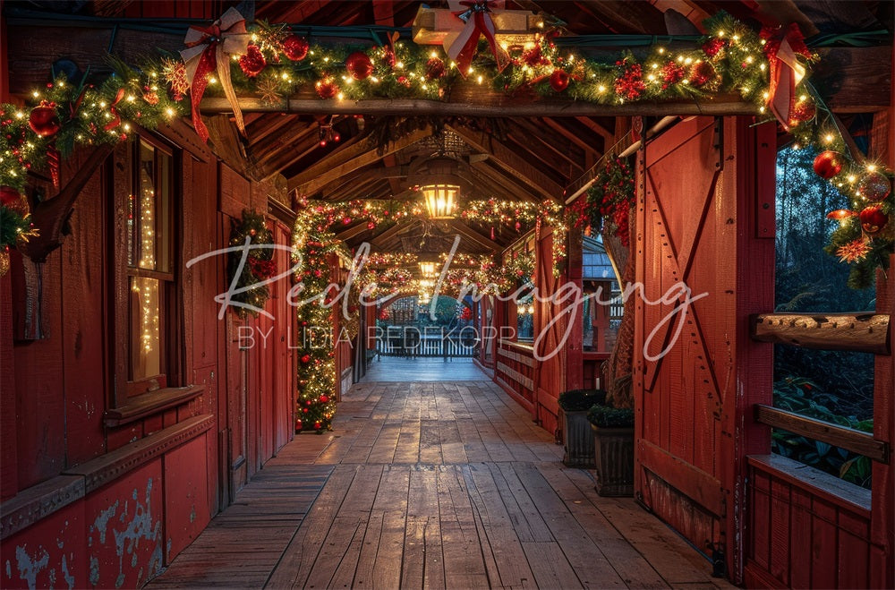 Noche de Navidad en Cabaña de Madera Marrón Pasillo Puente Fondo, Diseñado por Lidia Redekopp