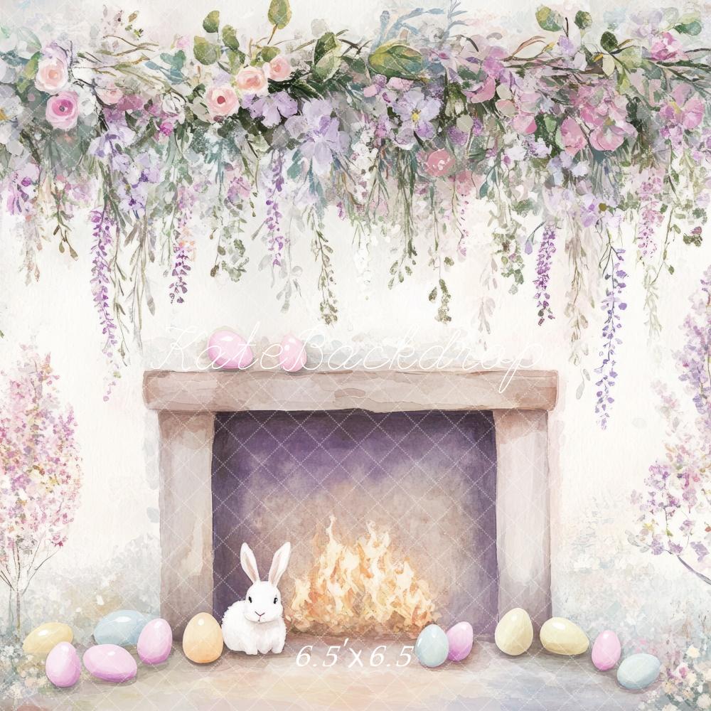 Kate Easter Cartoon Bunny Floral Fireplace Backdrop Designed by Mini MakeBelieve