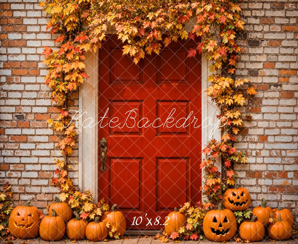 Kate Autumn Halloween Maple Leaves Red Door Brick Wall Backdrop Designed by Emetselch