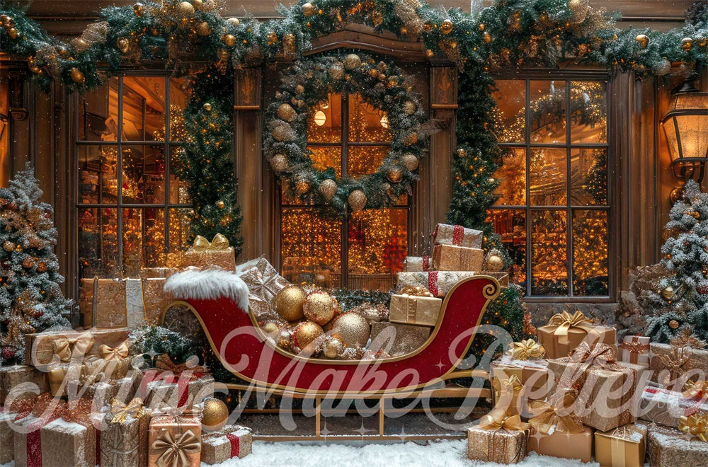 Fondo del negozio regali invernali Mini MakeBelieve con slitta di Natale