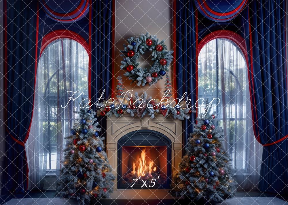 Kate Christmas Navy Red Curtains Fireplace Window Backdrop Designed by Mini MakeBelieve