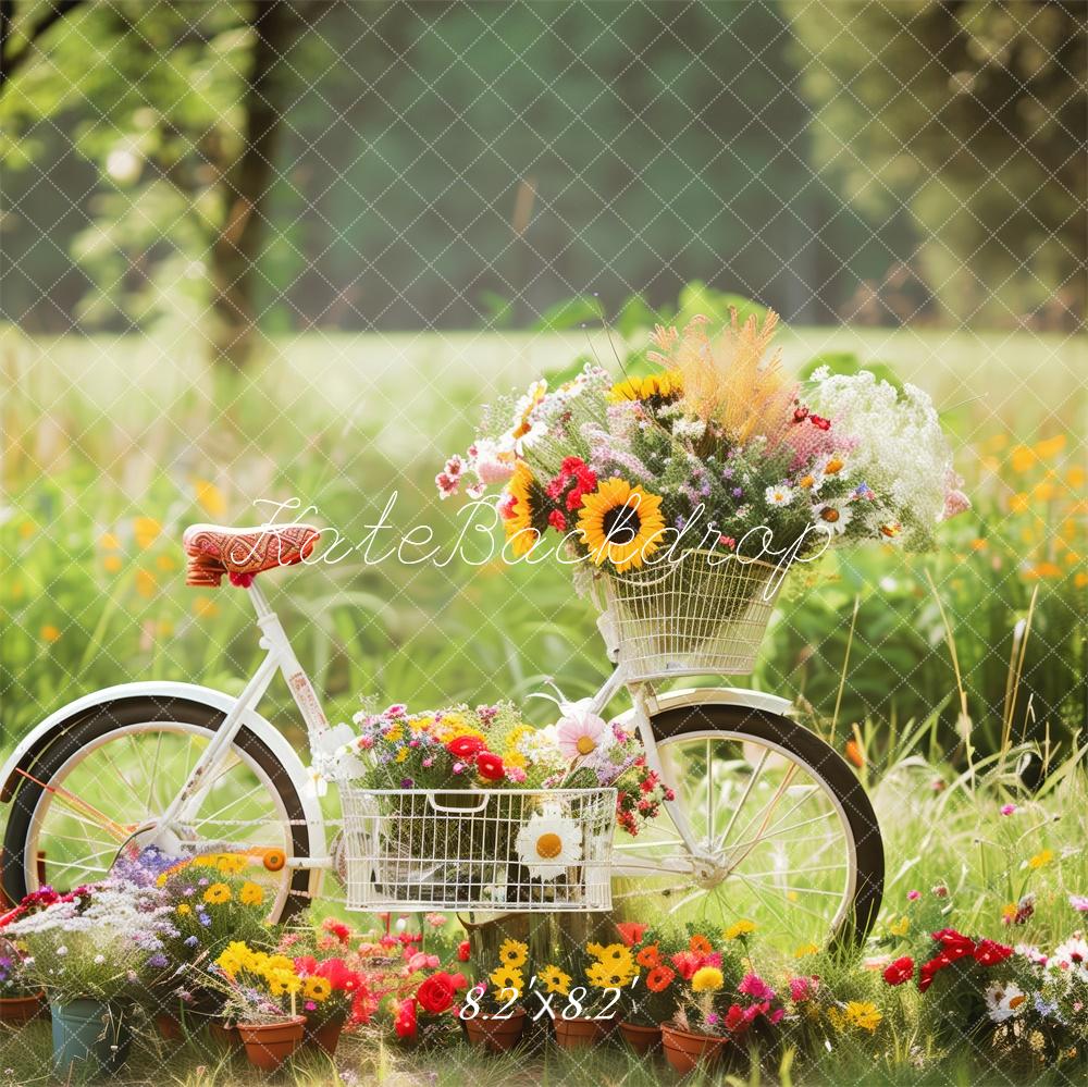 Kate Bicycle With Wild Flowers In A Sunny Meadow Backdrop Designed by Patty Robert