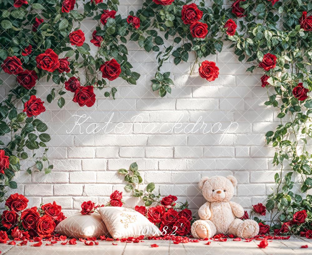 Kate White Brick Wall With Red Roses and Teddy Bear Backdrop Designed by Emetselch