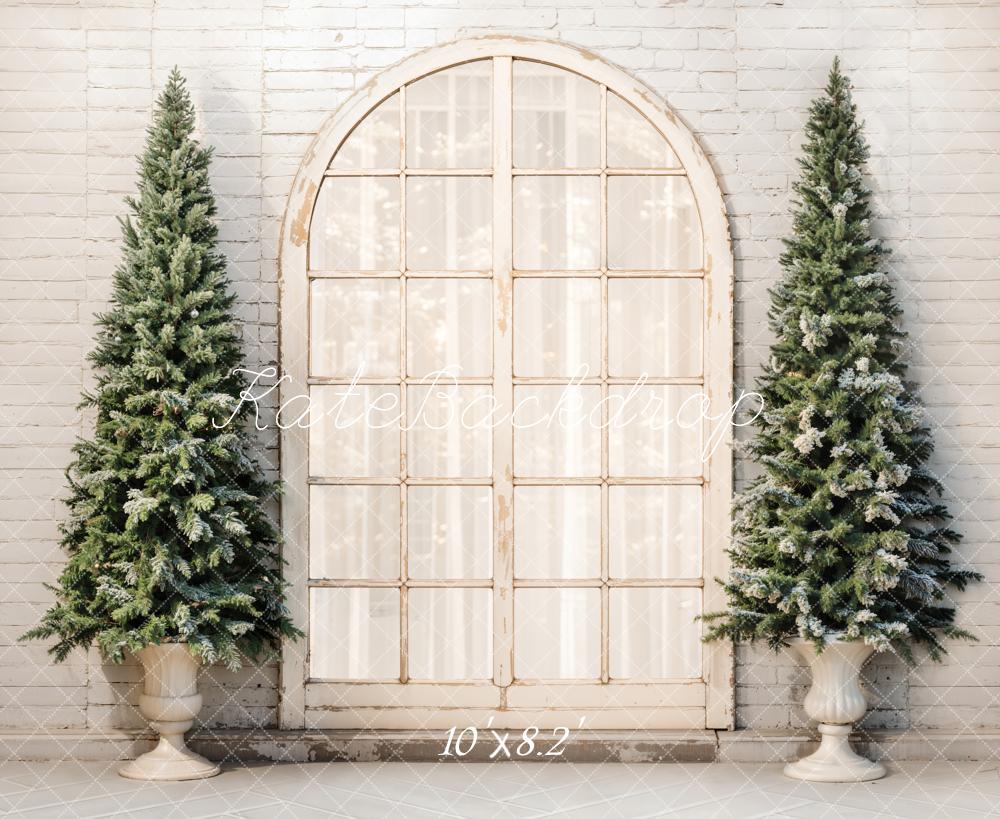 Kate Christmas Tree Retro Arched Window Brick Wall Backdrop Designed by Emetselch