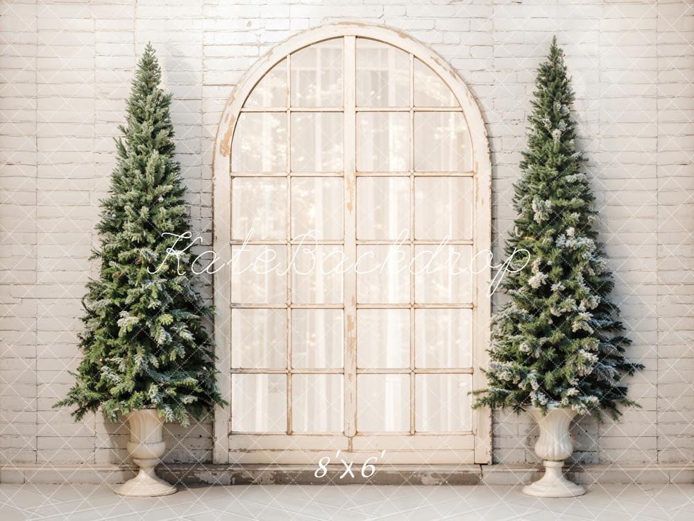 Kate Christmas Tree Retro Arched Window Brick Wall Backdrop Designed by Emetselch