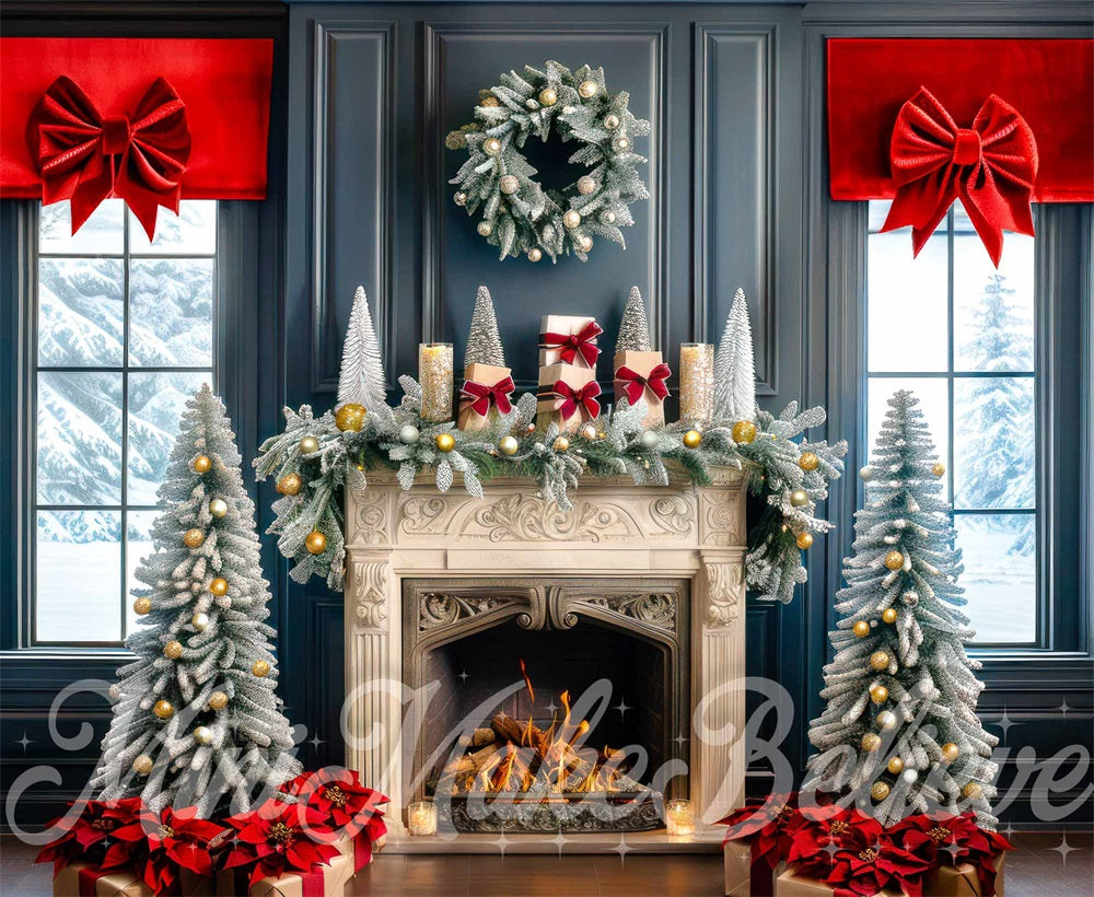 Kate Christmas Golden Retro Fireplace Blue Wall Backdrop Designed by Mini MakeBelieve