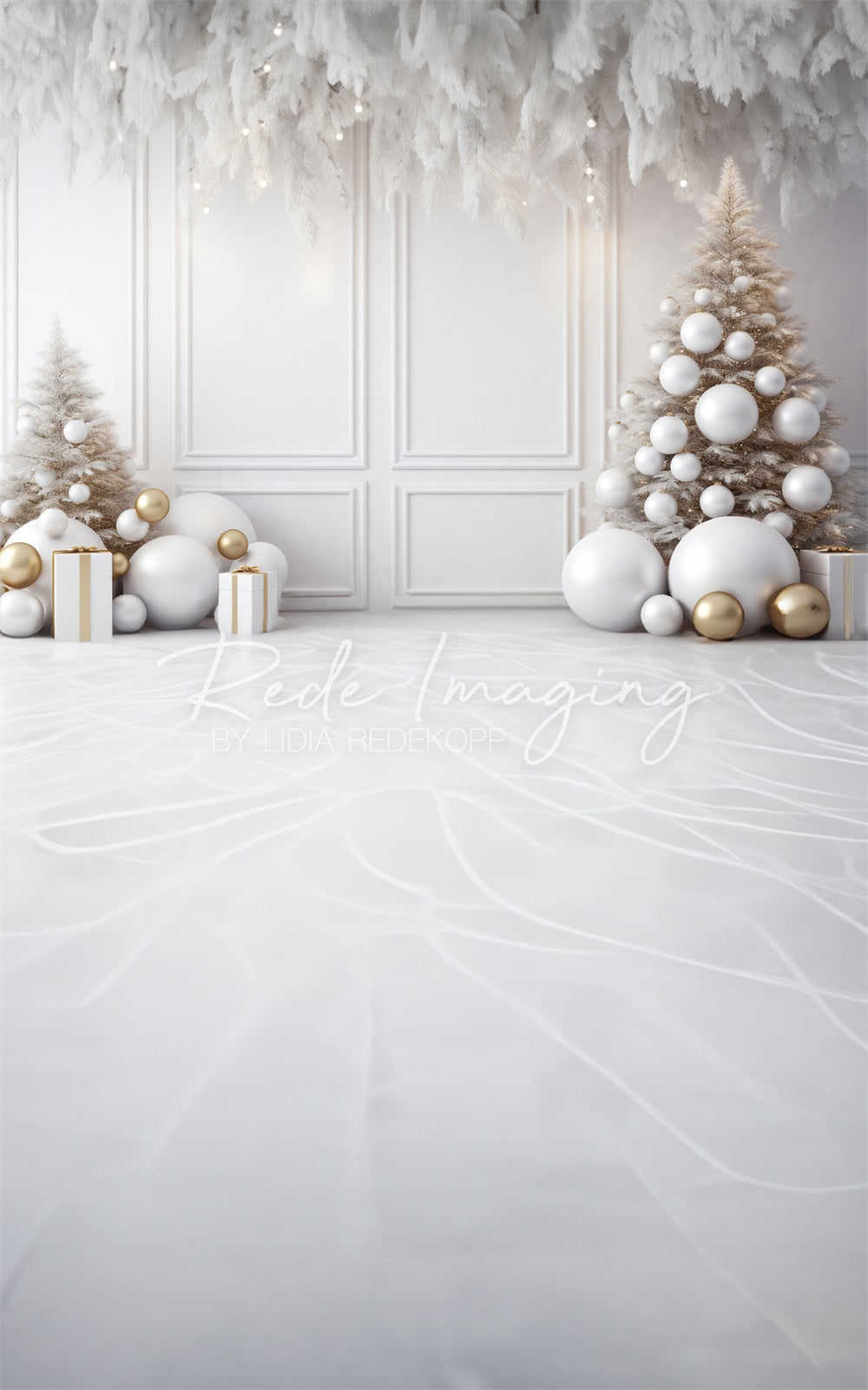 Sfondo murale natalizio bianco con piume, progettato da Lidia Redekopp