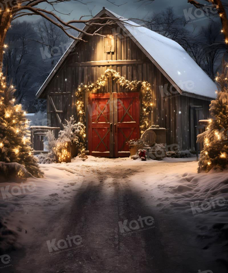 Christmas Way to Red Barn Night Backdrop per Fotografia