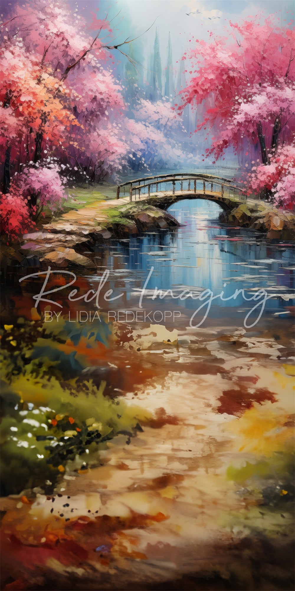 Sweep Painting Red Maple Forest Creek Wooden Bridge Backdrop Ontworpen door Lidia Redekopp