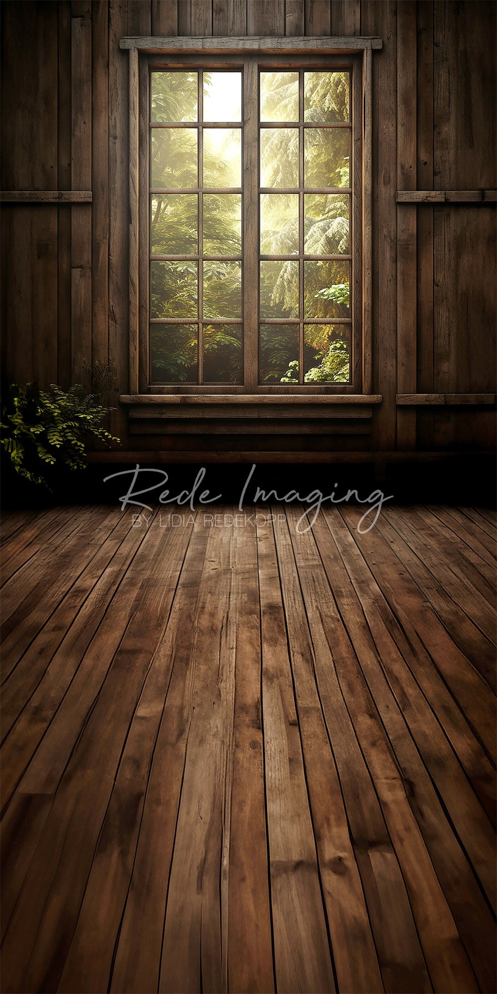 Sfondo per finestra di cabina di legno scuro della foresta primaverile progettato da Lidia Redekopp