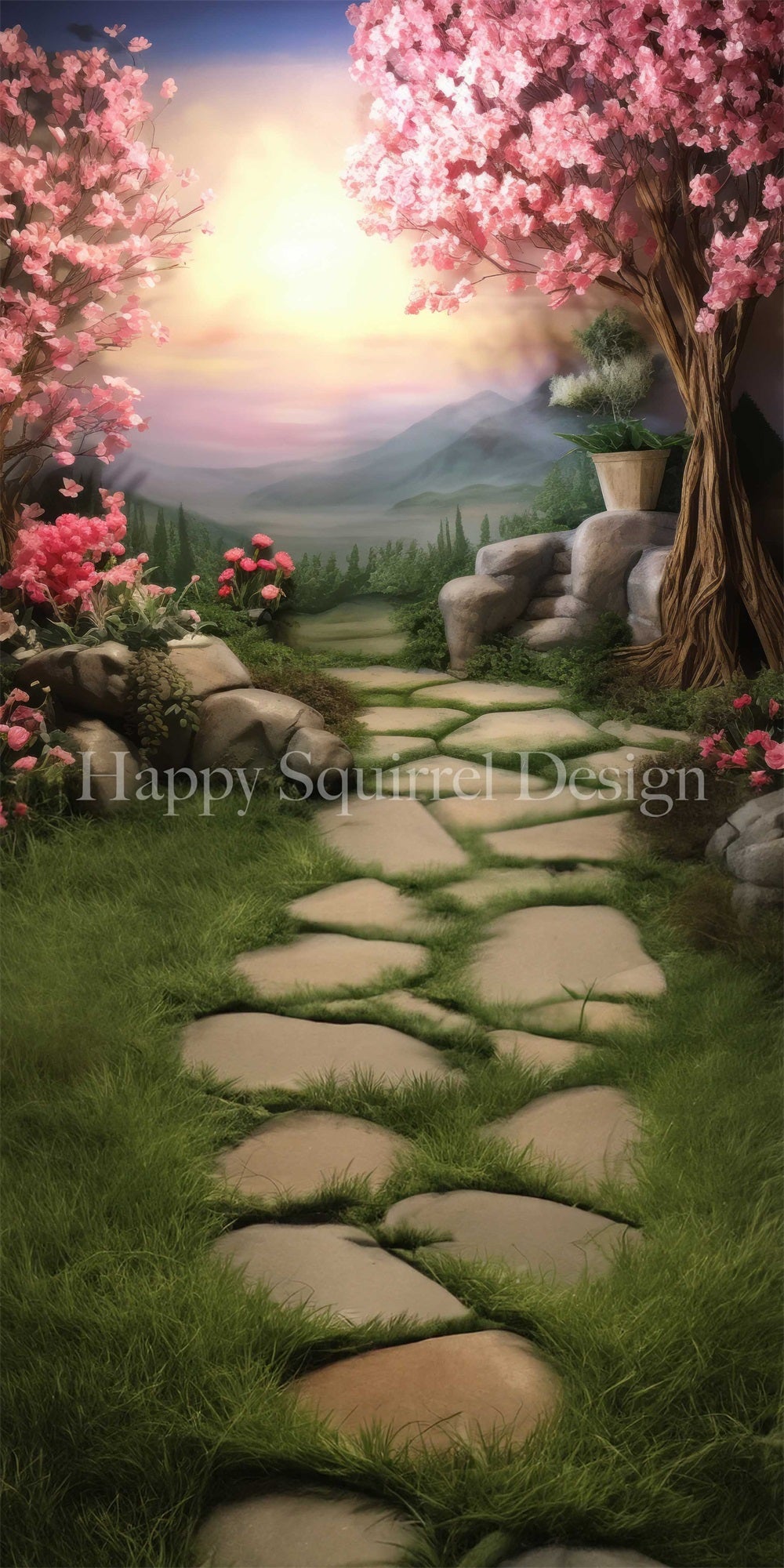 Sfondo in panno primaverile con sfumature fantasy rosa ciliegio, fiori, foresta di montagna, prato verde, strada di pietra, realizzato da Happy Squirrel Design