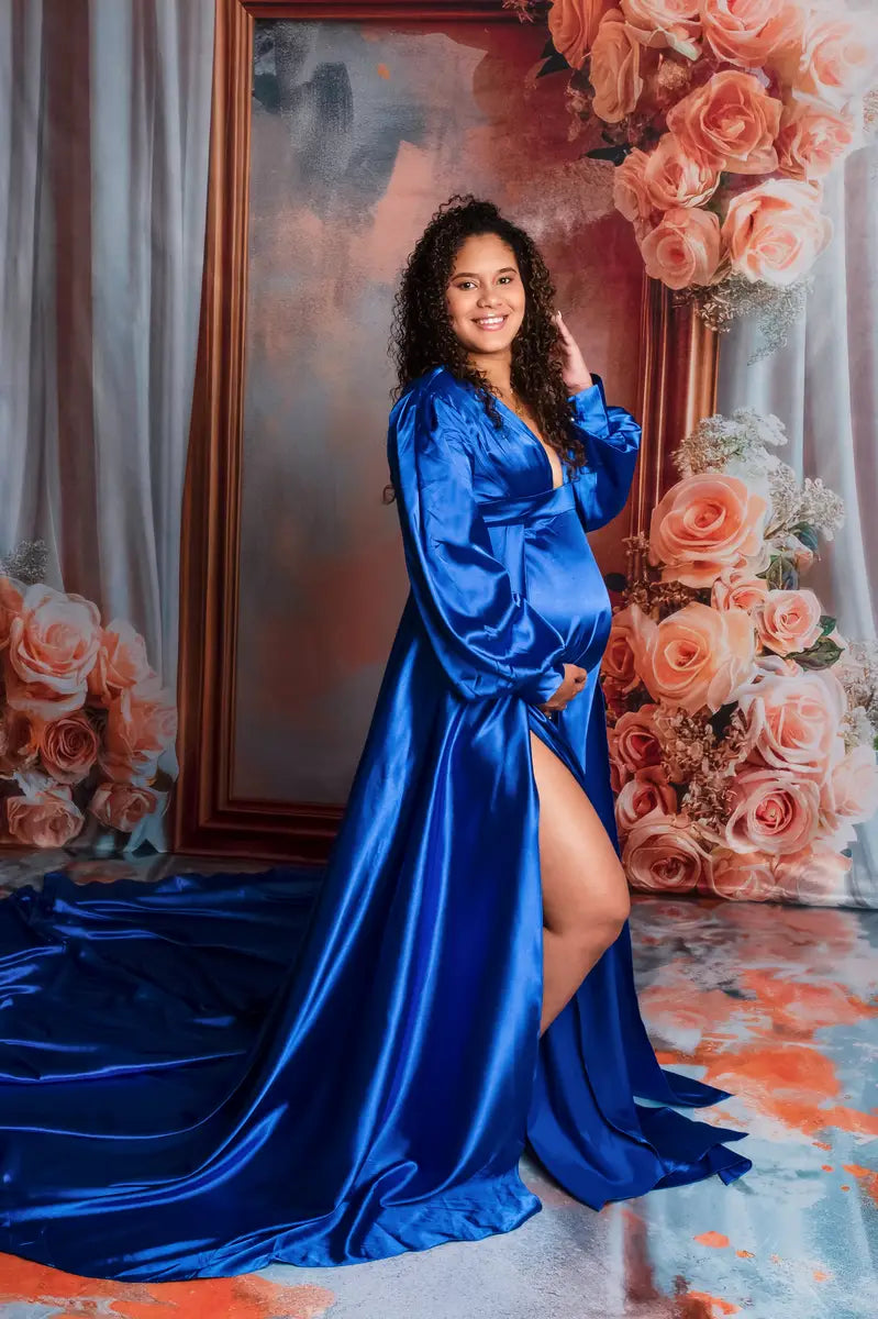 Vestido de Maternidad Azul de Satén con Mangas Largas