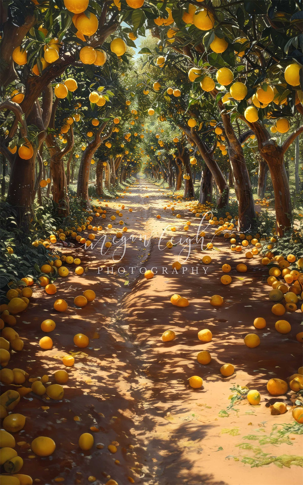 Zomerse buitenachtergrond van citroenboomgaard ontworpen door Megan Leigh Photography