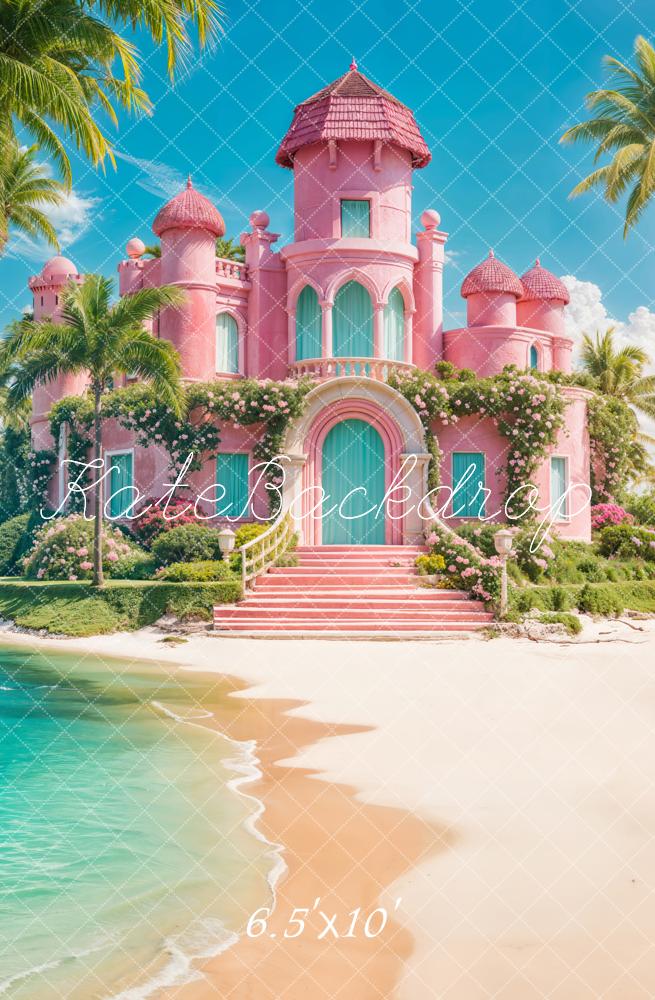 Kate Summer Sea Blue Sky White Cloud Green Plant Pink Retro Floral Castle Backdrop Designed by Chain Photography