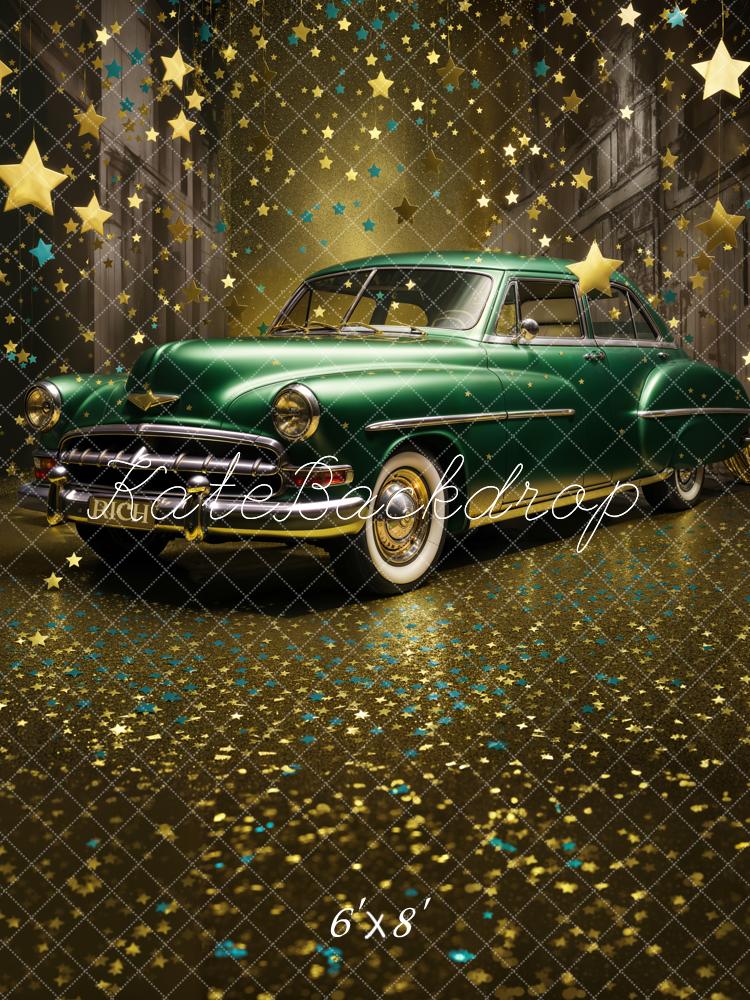 Fondo de coche verde oscuro de noche vintage con estrellas brillantes en la calle, diseñado por Chain Photography.