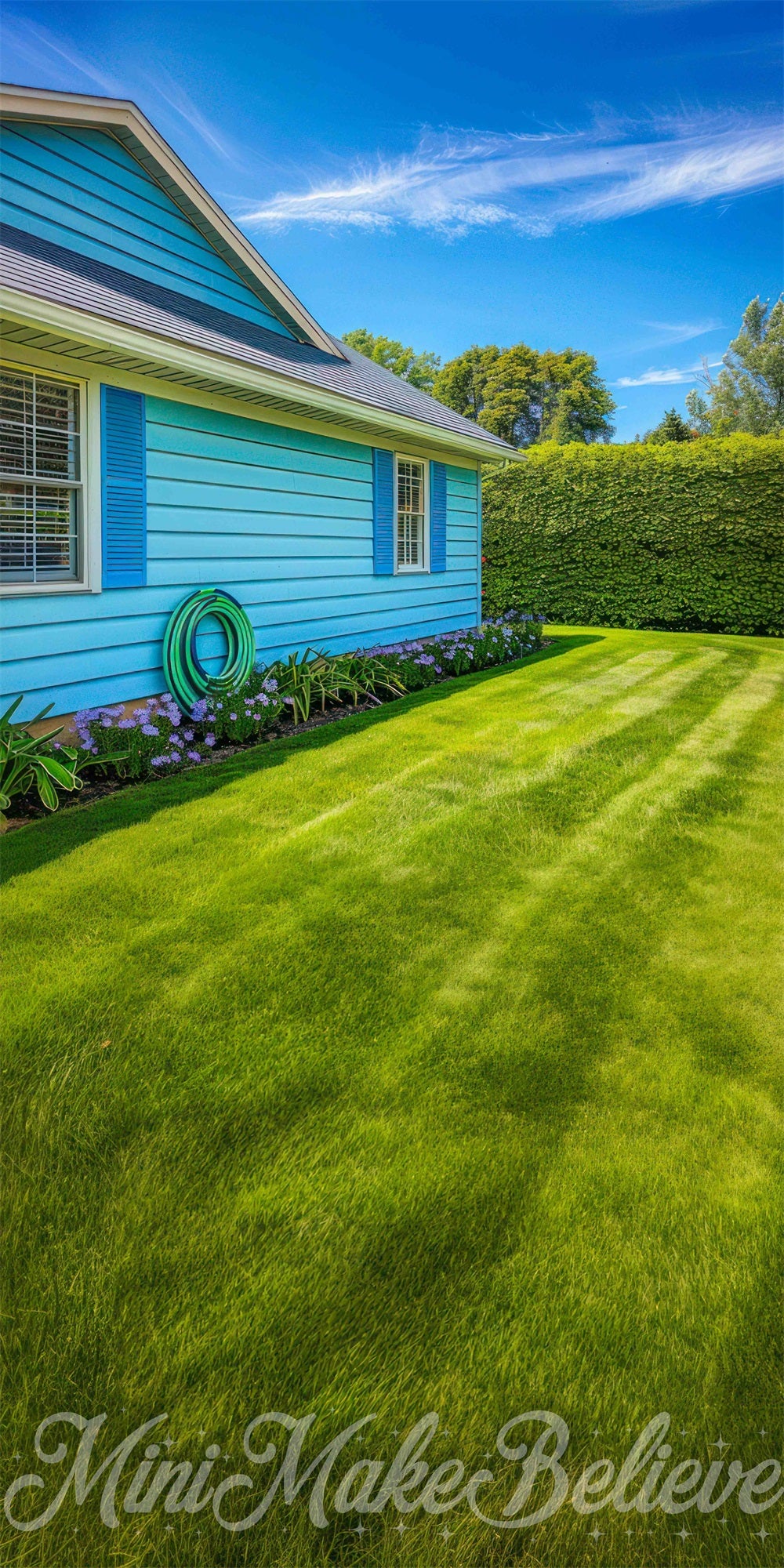 Fondo retro de verano al aire libre en un césped verde con una casa azul diseñado por Mini MakeBelieve