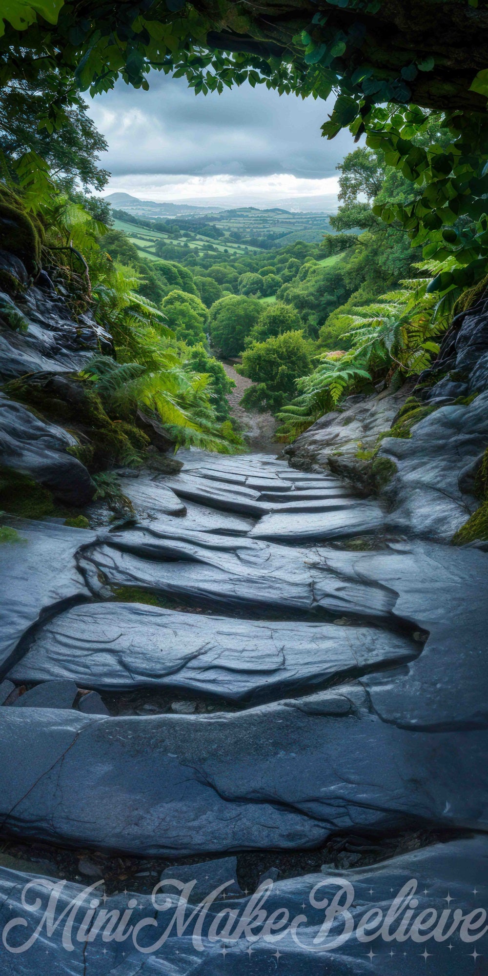 Fondo de camino de piedra negra en un bosque verde al aire libre diseñado por Mini MakeBelieve