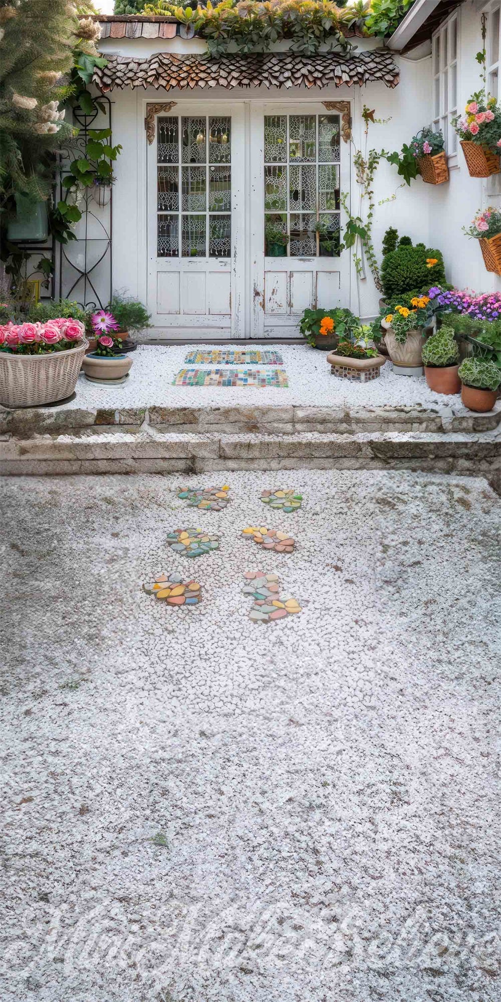 Zomerse Kleurrijke Bloemen Wit Tuinhuisje Achtergrond Ontworpen door Mini MakeBelieve