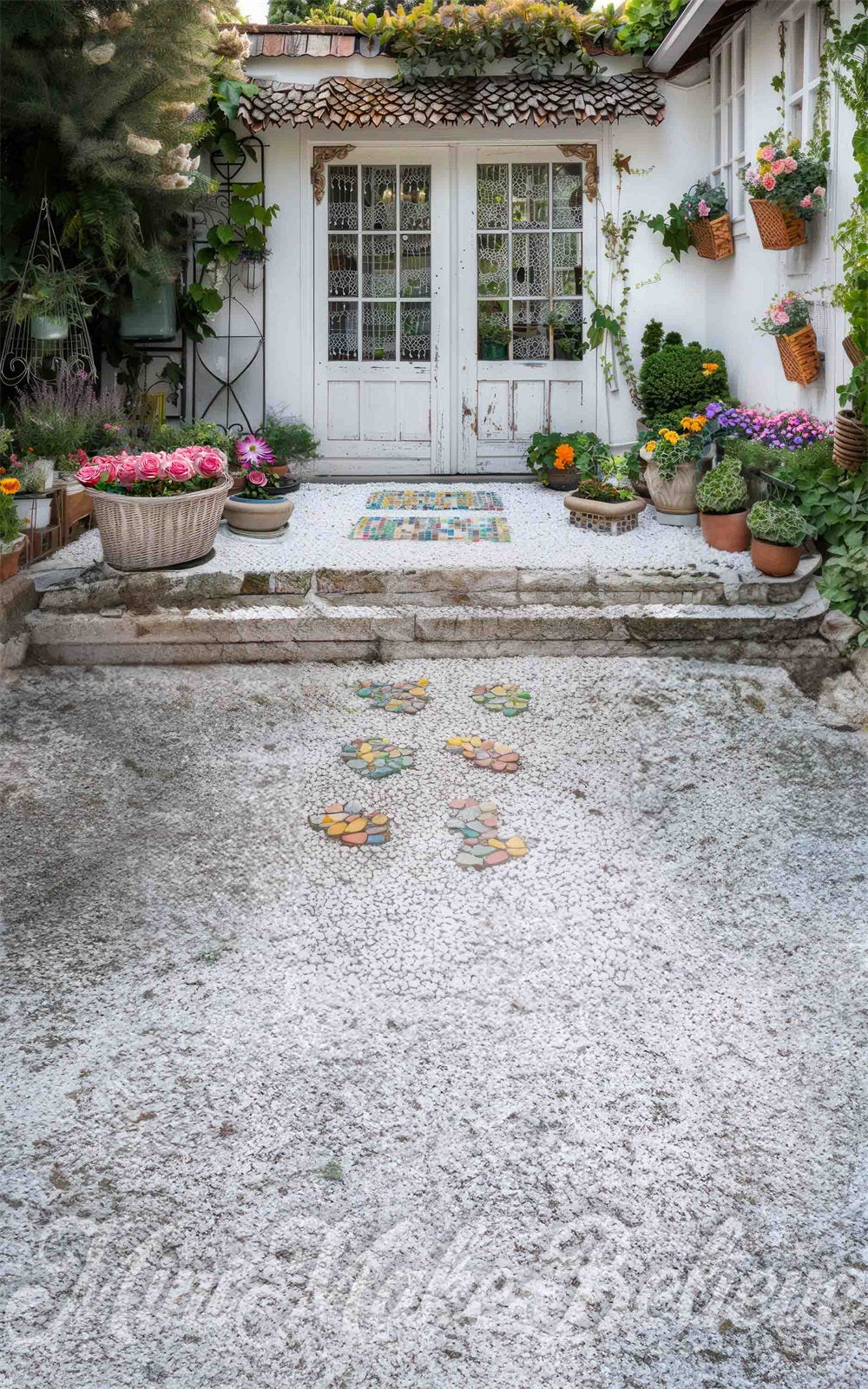 Zomerse Kleurrijke Bloemen Wit Tuinhuisje Achtergrond Ontworpen door Mini MakeBelieve