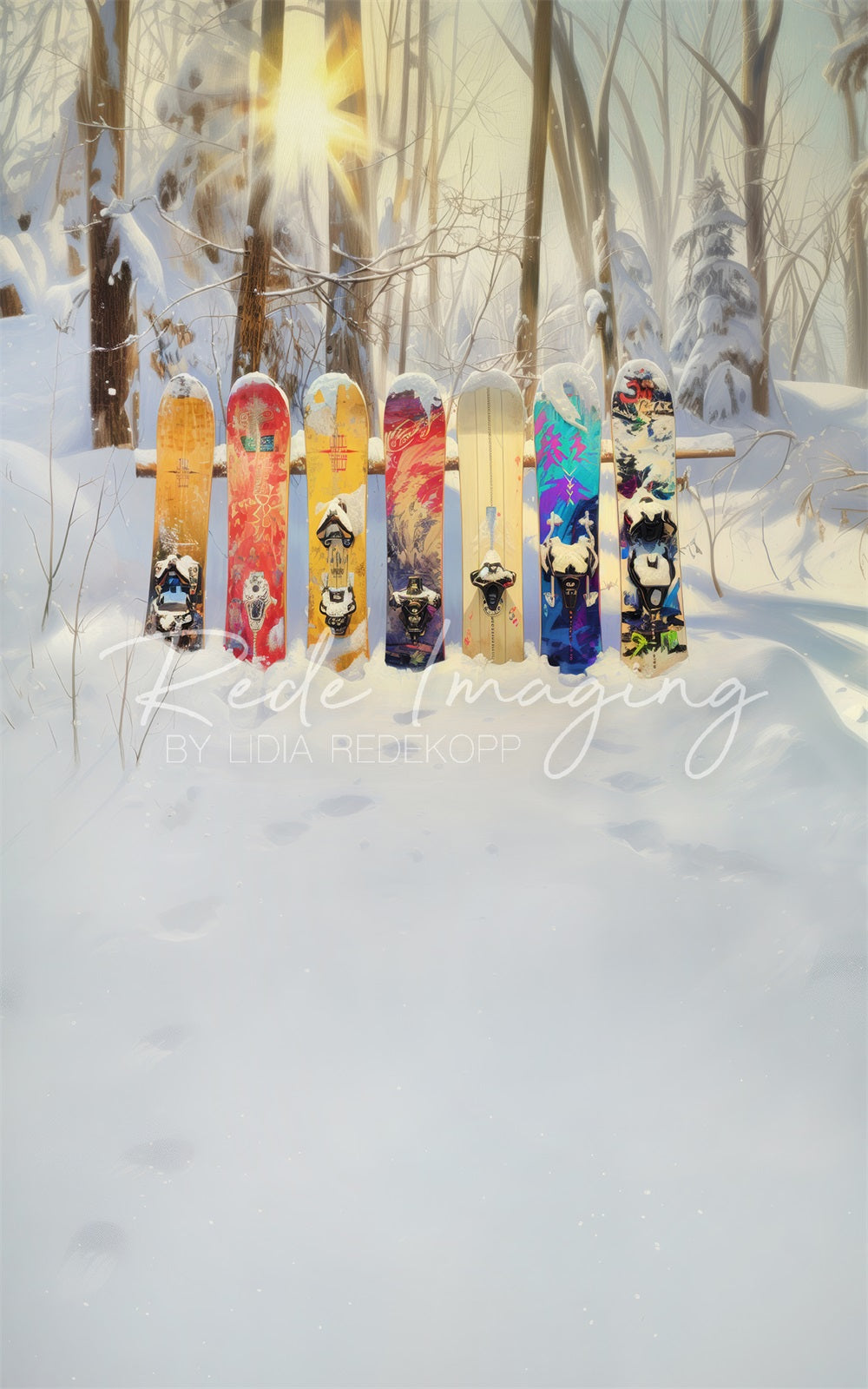 Winterbos met kleurrijke graffiti-snowboardachtergrond ontworpen door Lidia Redekopp