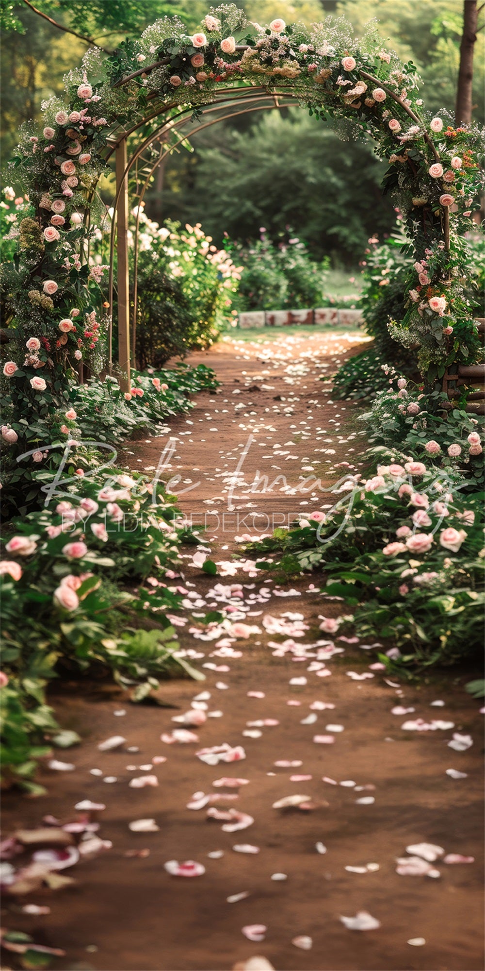 Zomerse buitenbruiloft in het bos roze bloemenboog pad achtergronddoek ontworpen door Lidia Redekopp