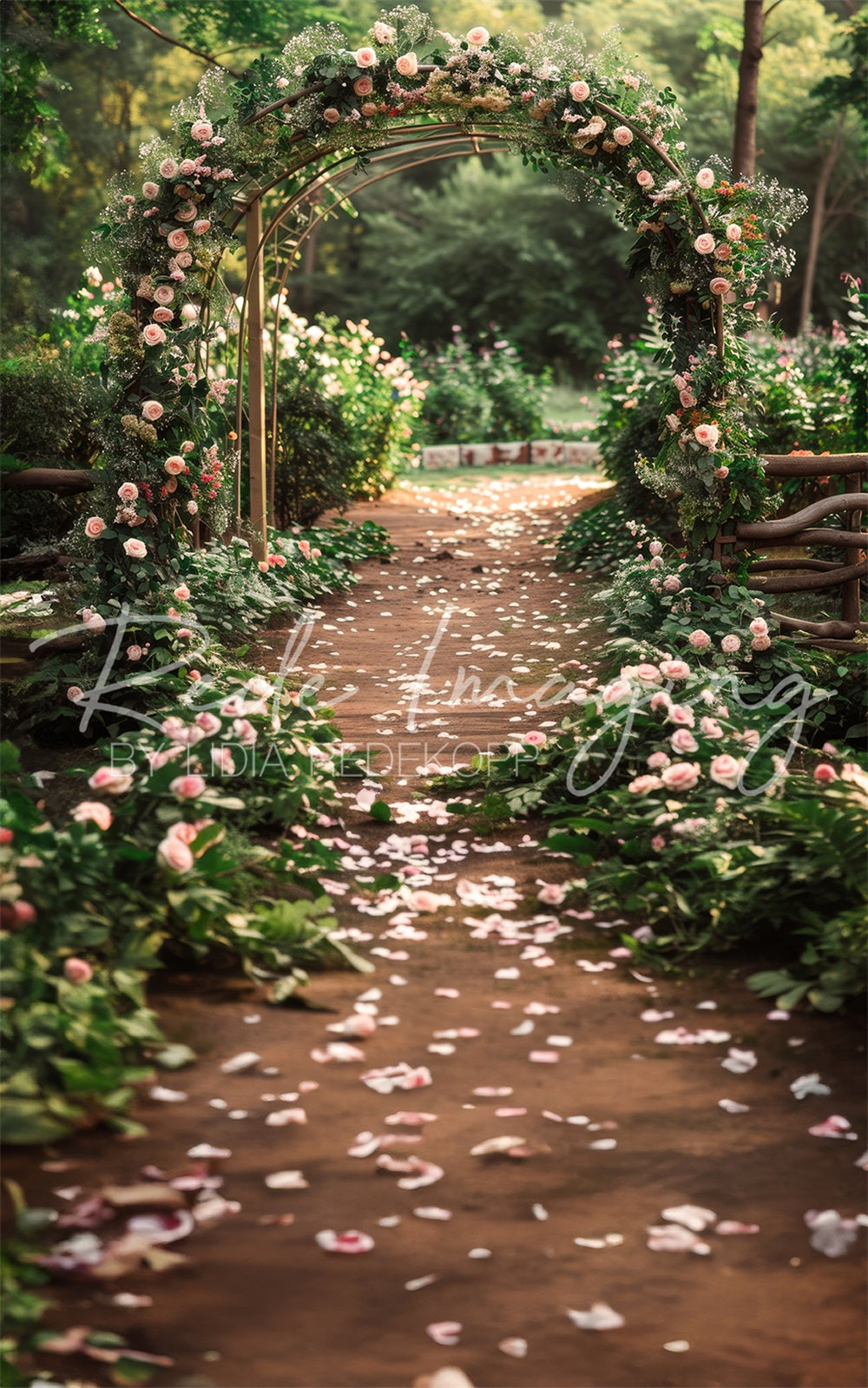 Zomerse buitenbruiloft in het bos roze bloemenboog pad achtergronddoek ontworpen door Lidia Redekopp