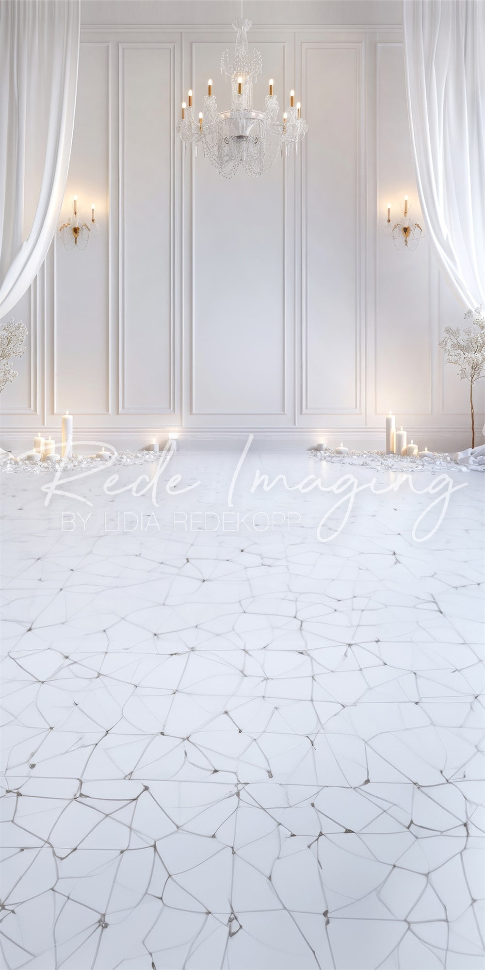 TEST SweeP Retro Elegant White Curtain and Chandelier Backdrop Ontworpen door Lidia Redekopp