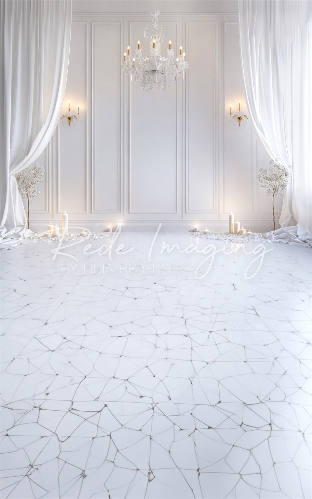 Sweep Retro Elegant White Curtain and Chandelier Backdrop Ontworpen door Lidia Redekopp