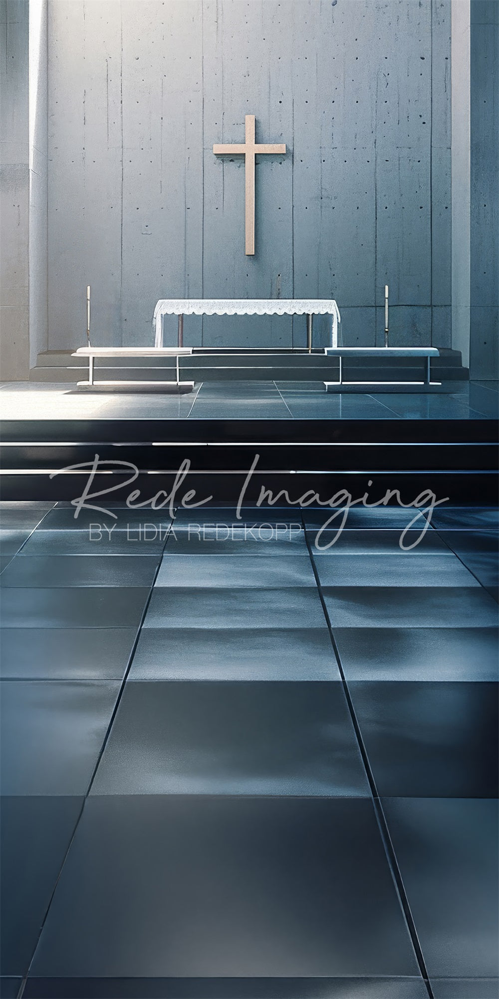 Kate Modern White Cross Grey Church Altar Backdrop Designed by Lidia Redekopp