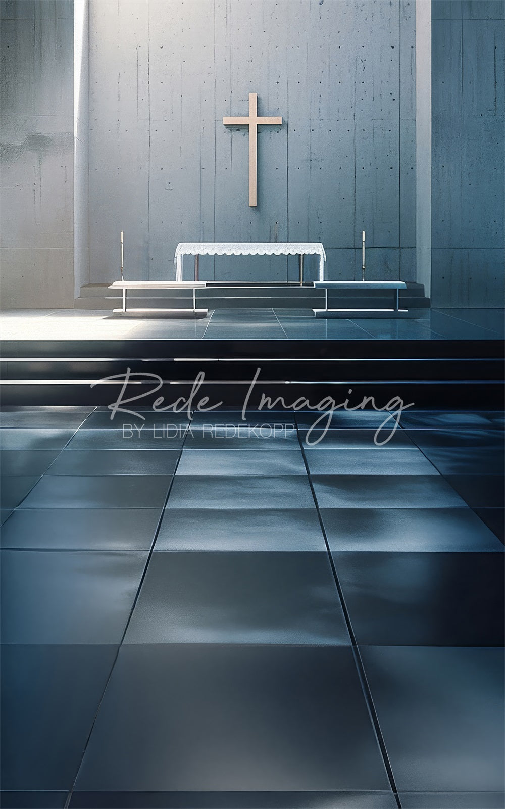 Kate Modern White Cross Grey Church Altar Backdrop Designed by Lidia Redekopp