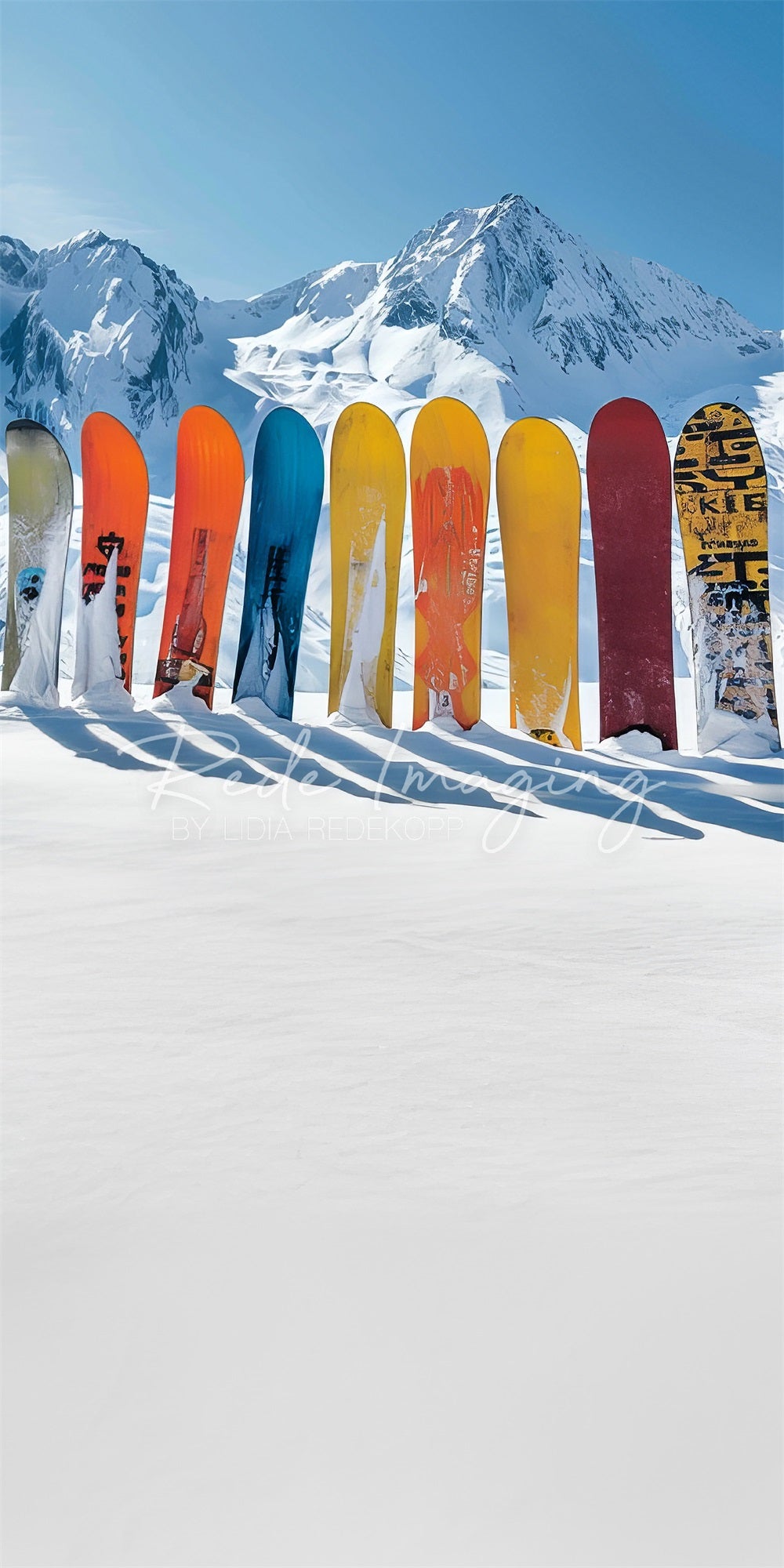 Kate Winter Outdoor White Snow Mountain Colorful Snowboard Backdrop Designed by Lidia Redekopp