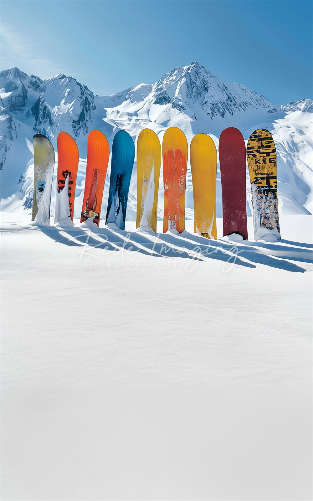 Kate Winter Outdoor White Snow Mountain Colorful Snowboard Backdrop Designed by Lidia Redekopp