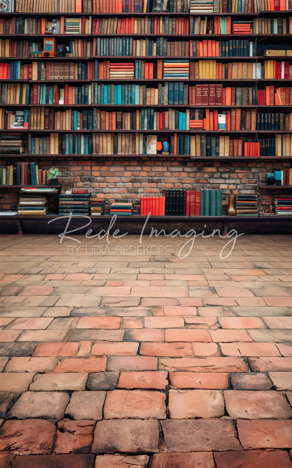 TEST Kate Sweep Vintage Dark Brown Wooden Old Bookshelf Red Broken Brick Wall Backdrop Designed by Lidia Redekopp