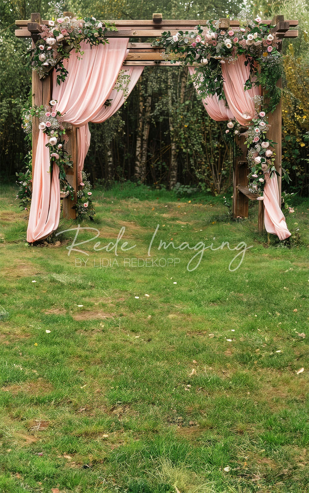 TEST Kate Sweep Summer Forest Wedding Pink Curtain Floral Brown Framed Door Backdrop Designed by Lidia Redekopp