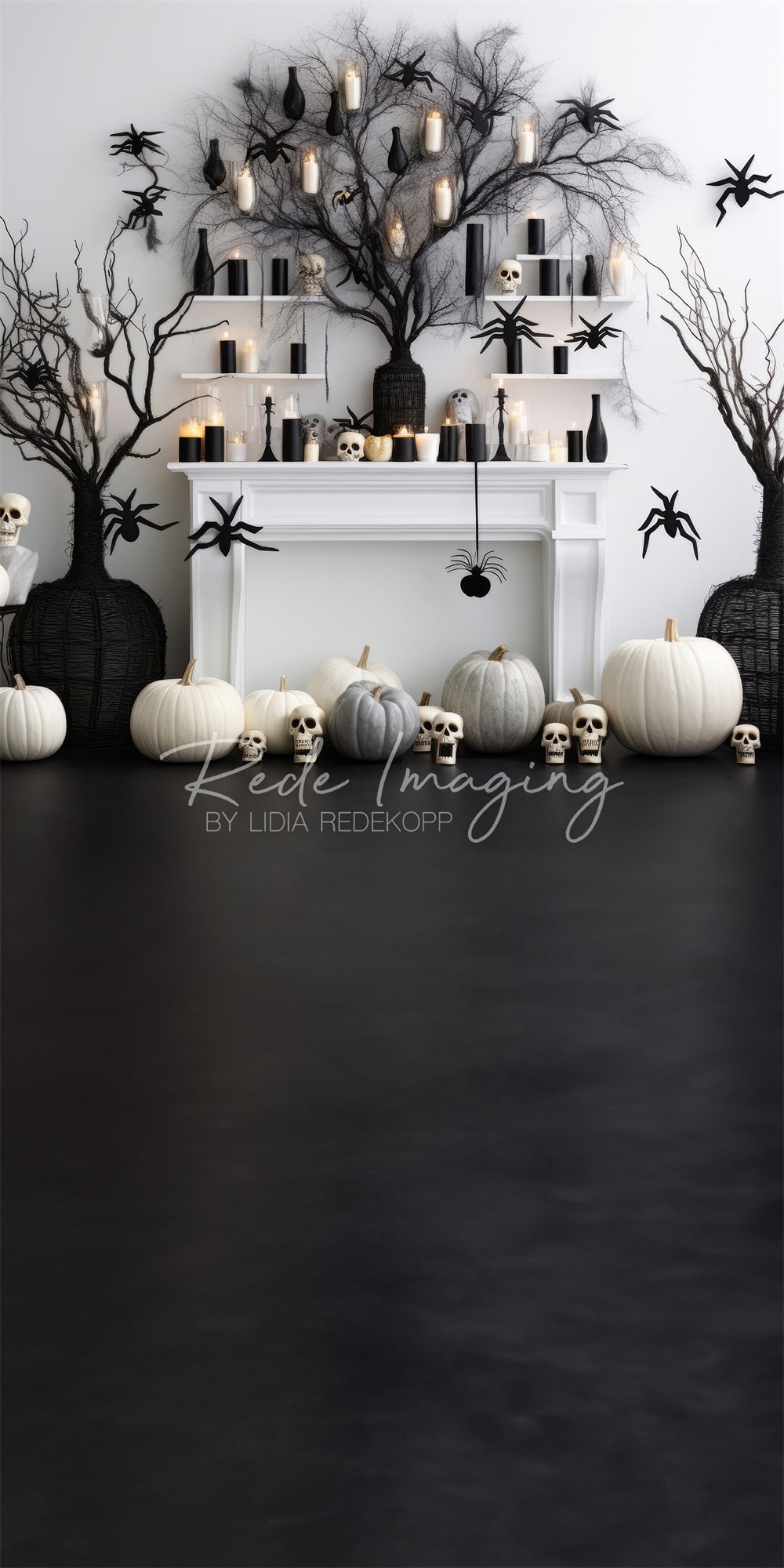 Kate Sweep Black & White Halloween Fireplace Backdrop Designed by Lidia Redekopp