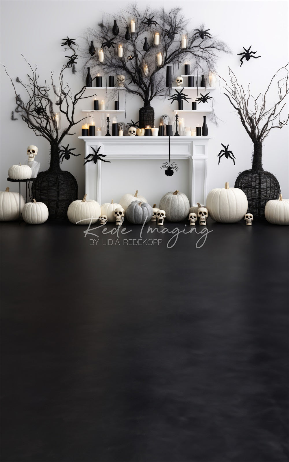 Kate Sweep Black & White Halloween Fireplace Backdrop Designed by Lidia Redekopp