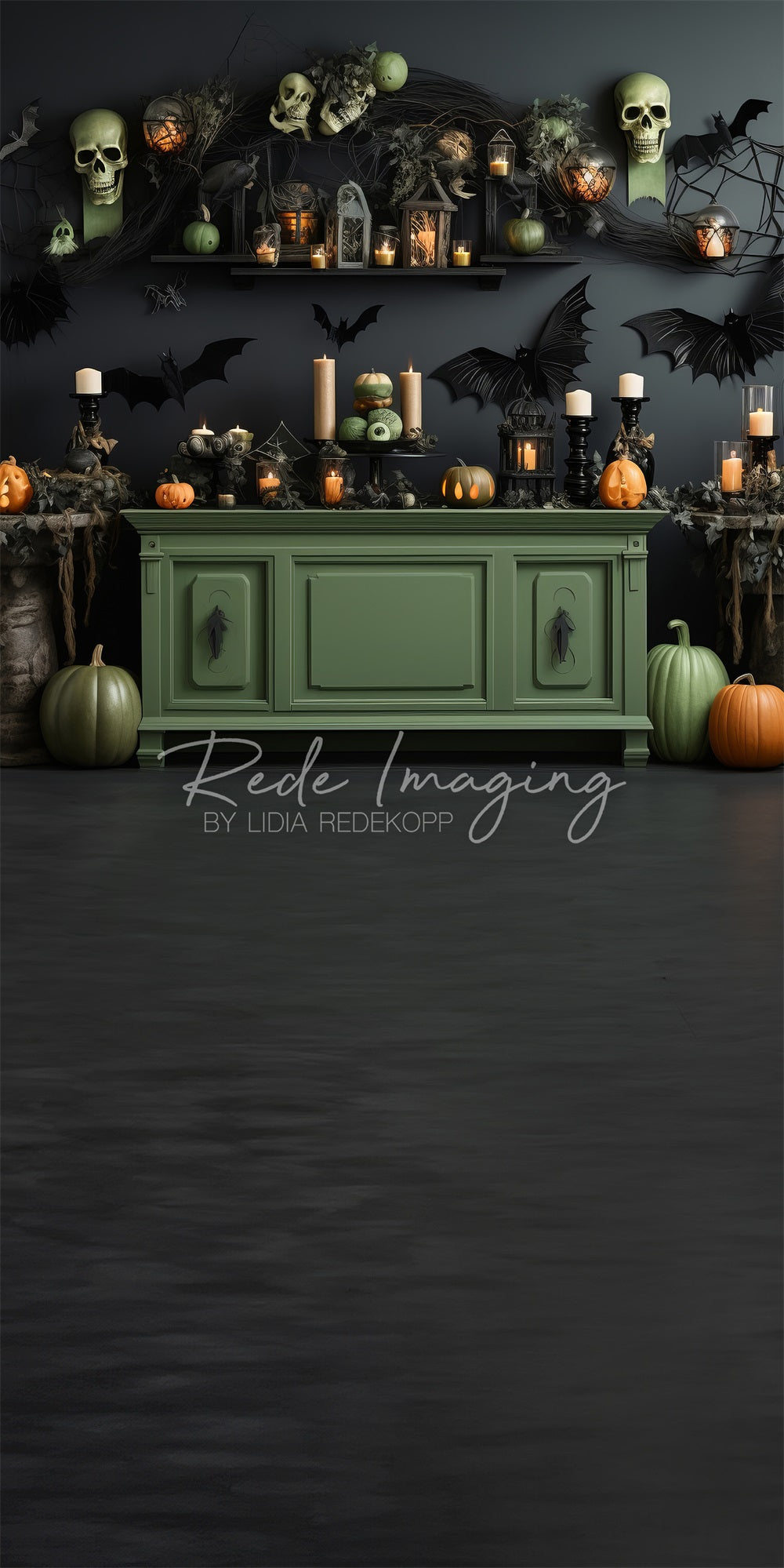 Kate Sweep Spooky Green Kitchen Halloween Backdrop Designed by Lidia Redekopp