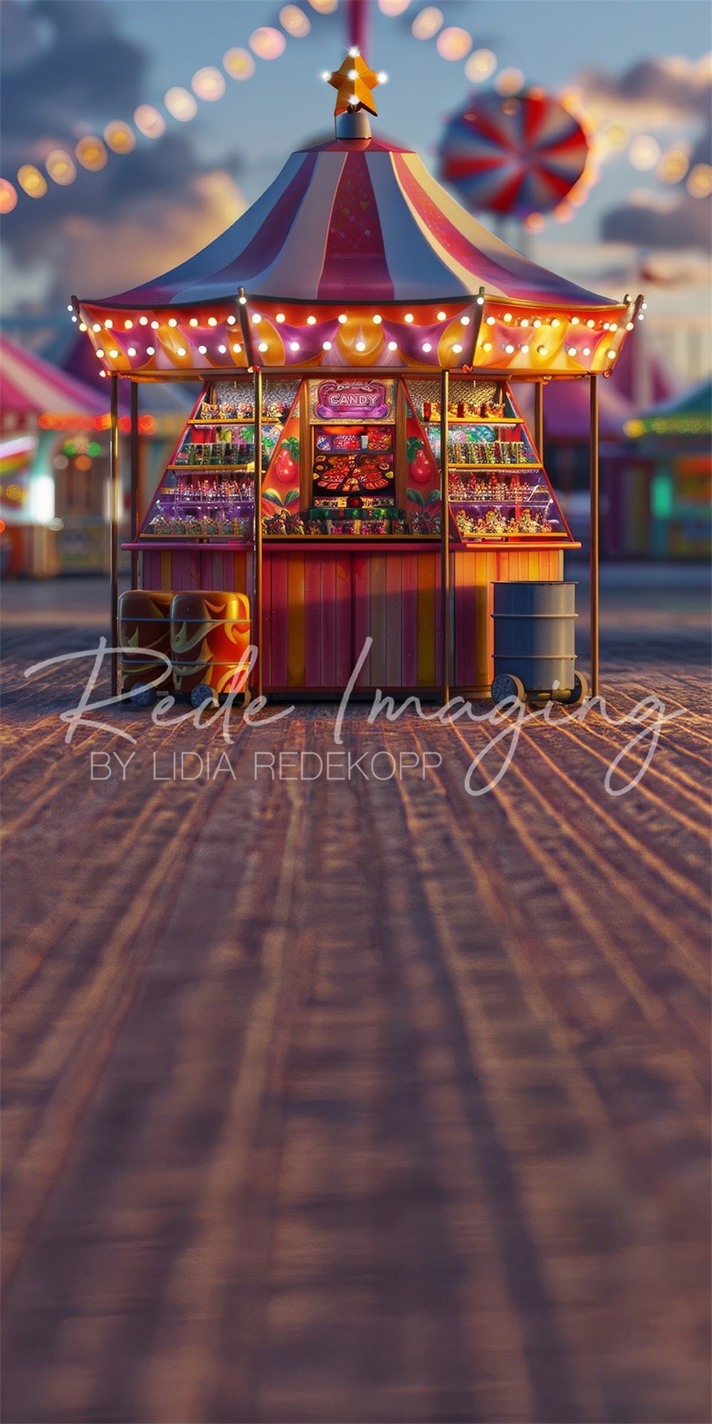 Modern Carnival Circus Candy Store Backdrop Designed by Lidia Redekopp