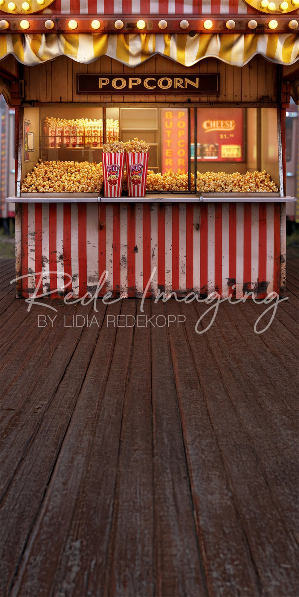 Sfondo del chiosco del popcorn del parco divertimenti retrò del carosello progettato da Lidia Redekopp