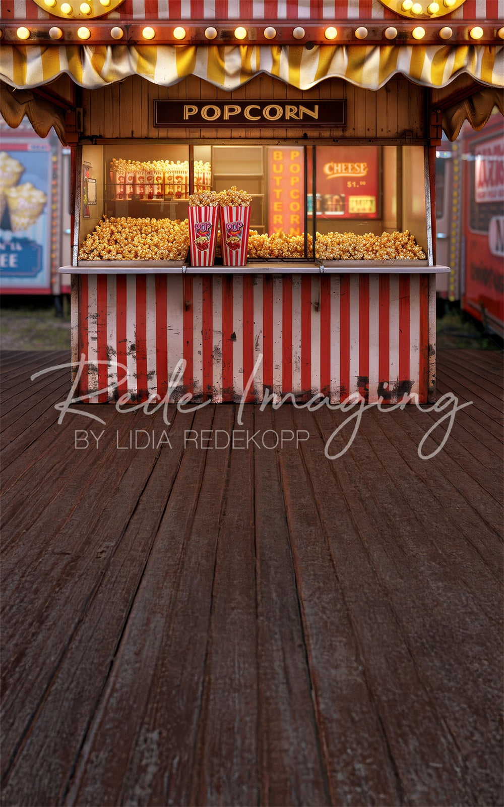Sfondo del chiosco del popcorn del parco divertimenti retrò del carosello progettato da Lidia Redekopp