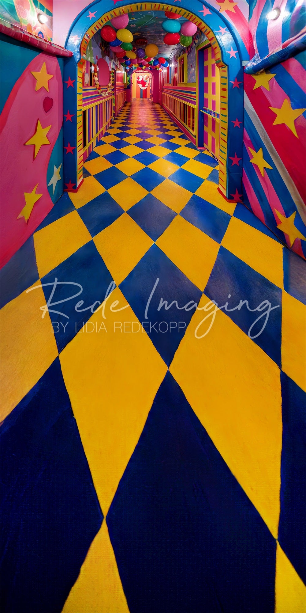 Kate Sweep Retro Carnival Fine Art Colorful Funhouse Hallway Backdrop Designed by Lidia Redekopp