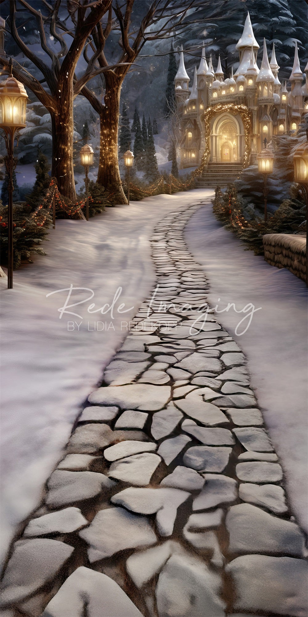 Sogno Invernale nel Bosco Incantato di un Castello Ghiacciato Bianco con Sfondo Realizzato da Lidia Redekopp