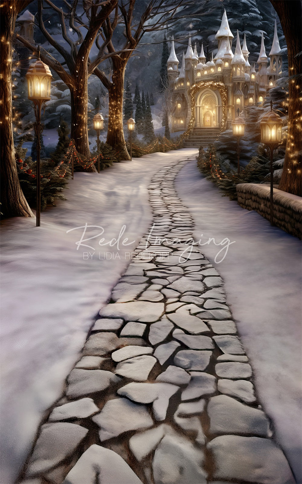Winterse dromerige bos witte vorstige kasteelachtergrond ontworpen door Lidia Redekopp