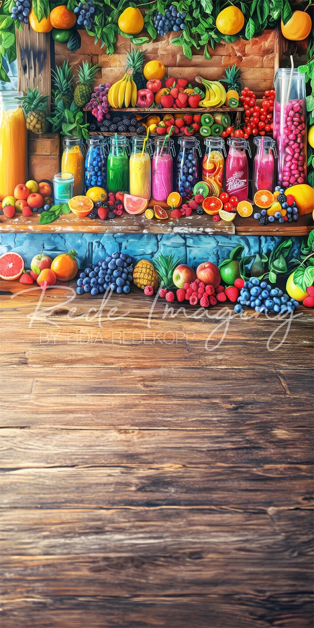 Zomerse Kleurrijke Fruitwinkel Achtergrond Ontworpen door Lidia Redekopp
